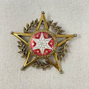 Vintage Star Brooch Pendant Medal Enamel Red White Gold Olive‎ Branch Leaves